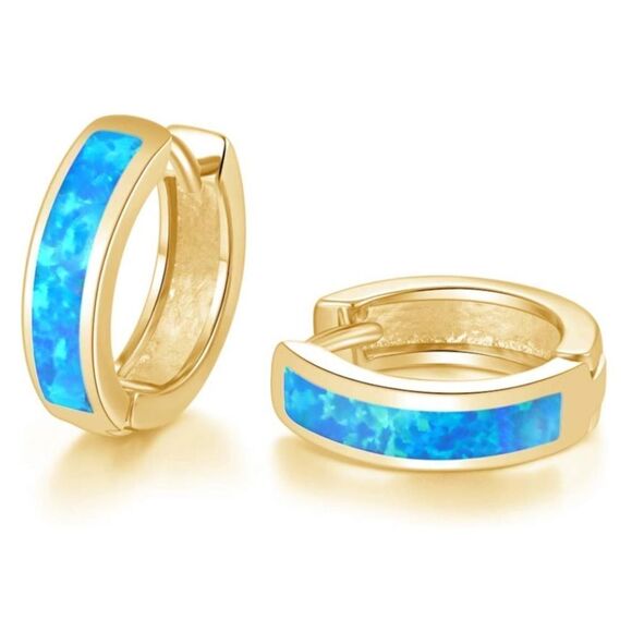 14K Yellow Gold with Genuine Blue Fire Opal Huggie Hoop Snap Hinge Earrings